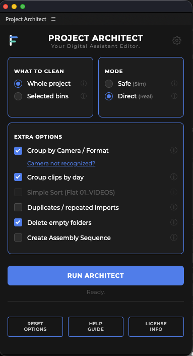 In the panel: Group by Camera / Format and Group clips by day are on. Then you run.