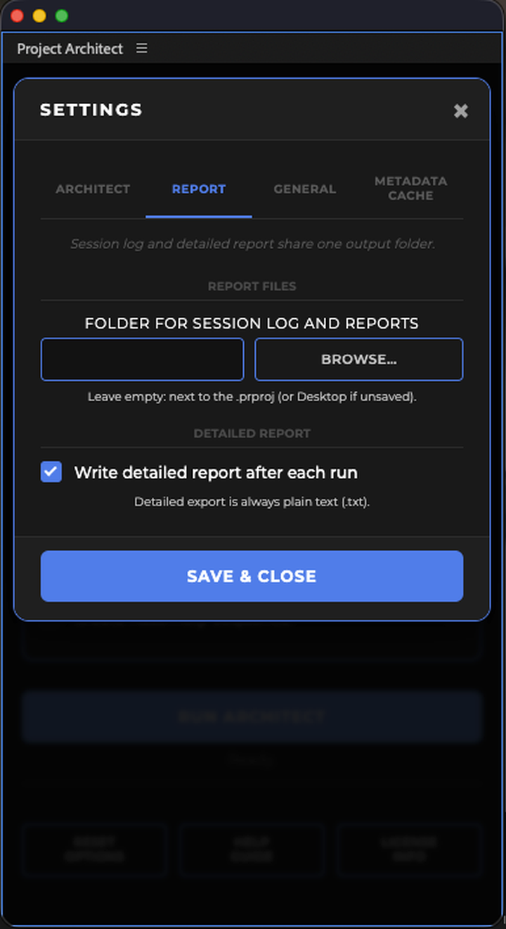Report settings: simple report, detailed report, session log.